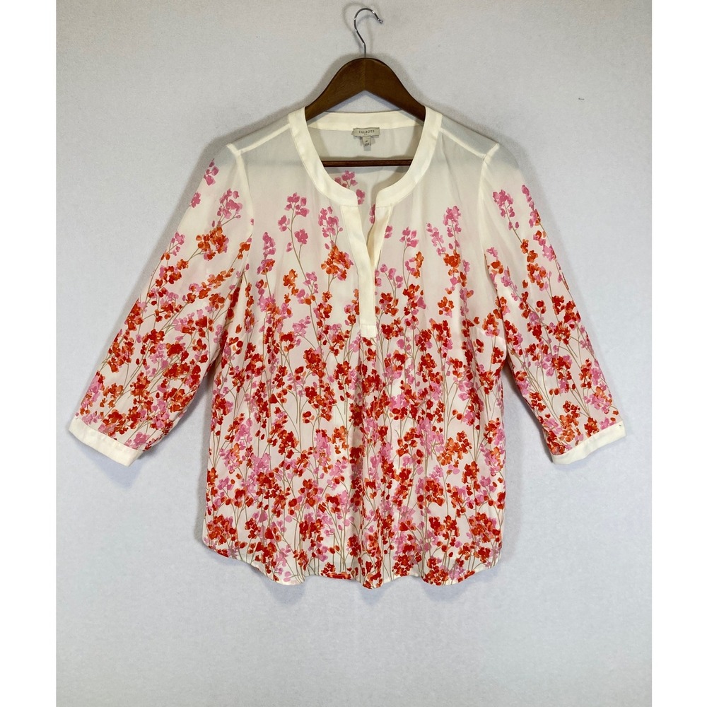Cottagecore Talbots Women Medium Ivory Pink Floral 3/4 Sleeve Split Neck Blouse